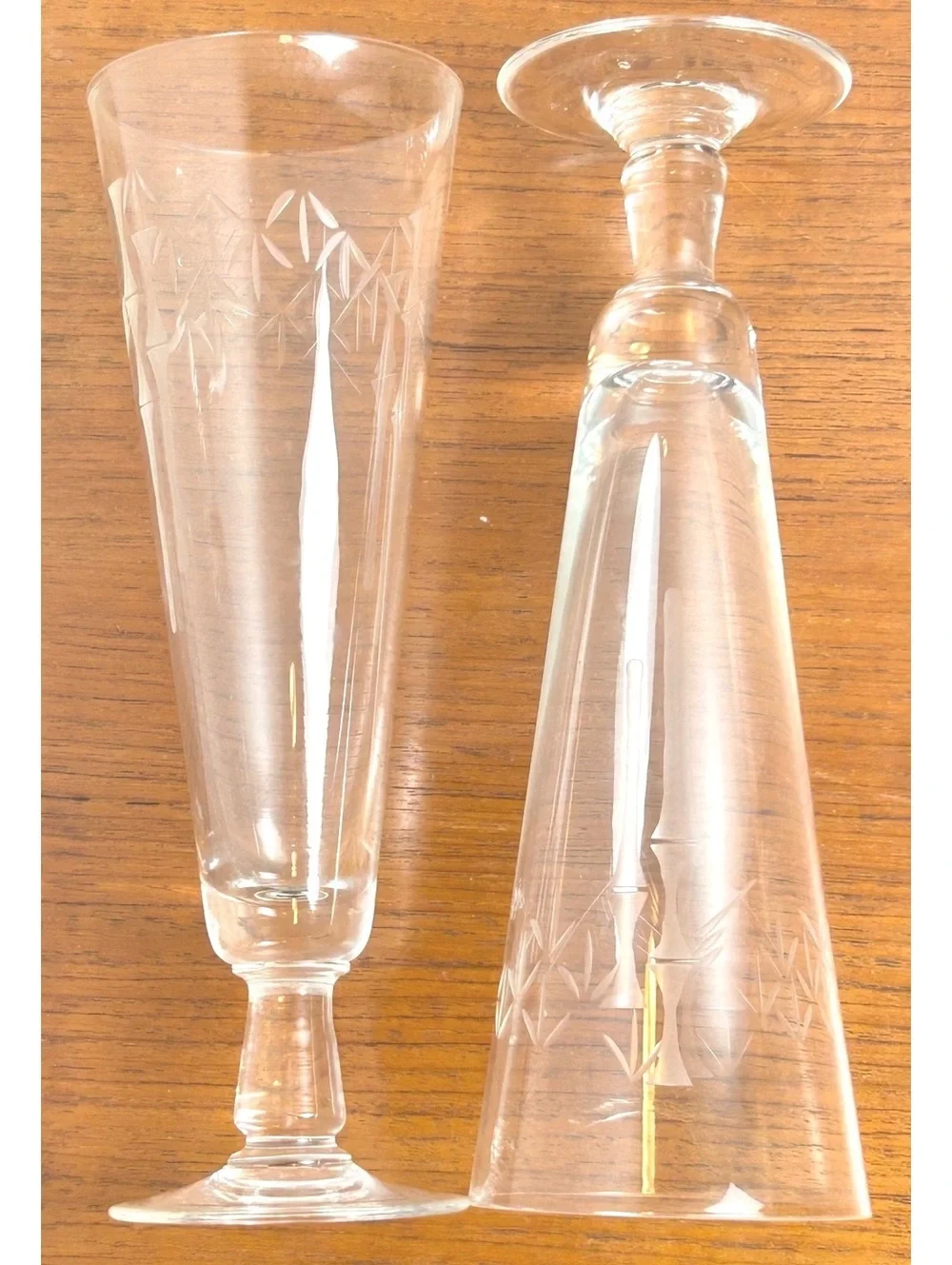 Pair of Vintage Bamboo Etched Glass Champagne Flutes